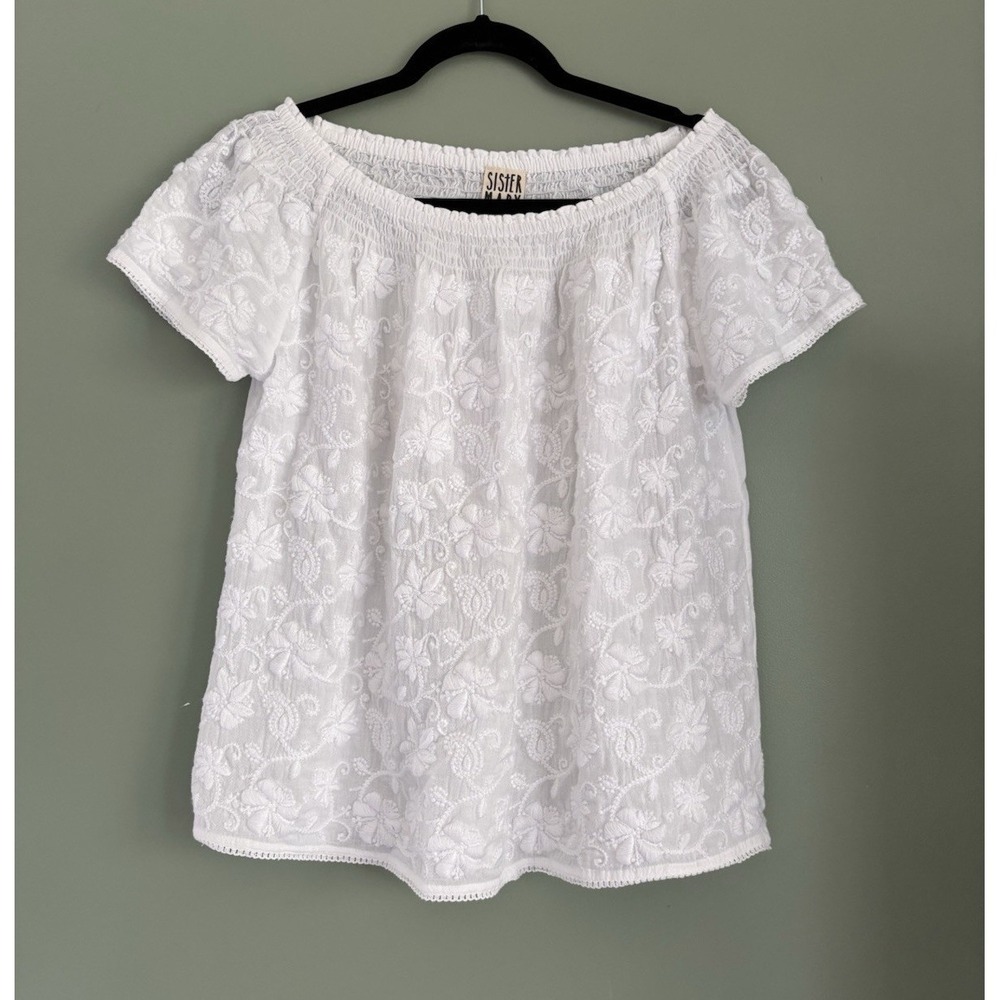Sister Mary White Floral Lace Embroidered Off-Shoulder Short Sleeve Blouse XS - Picture 1 of 7
